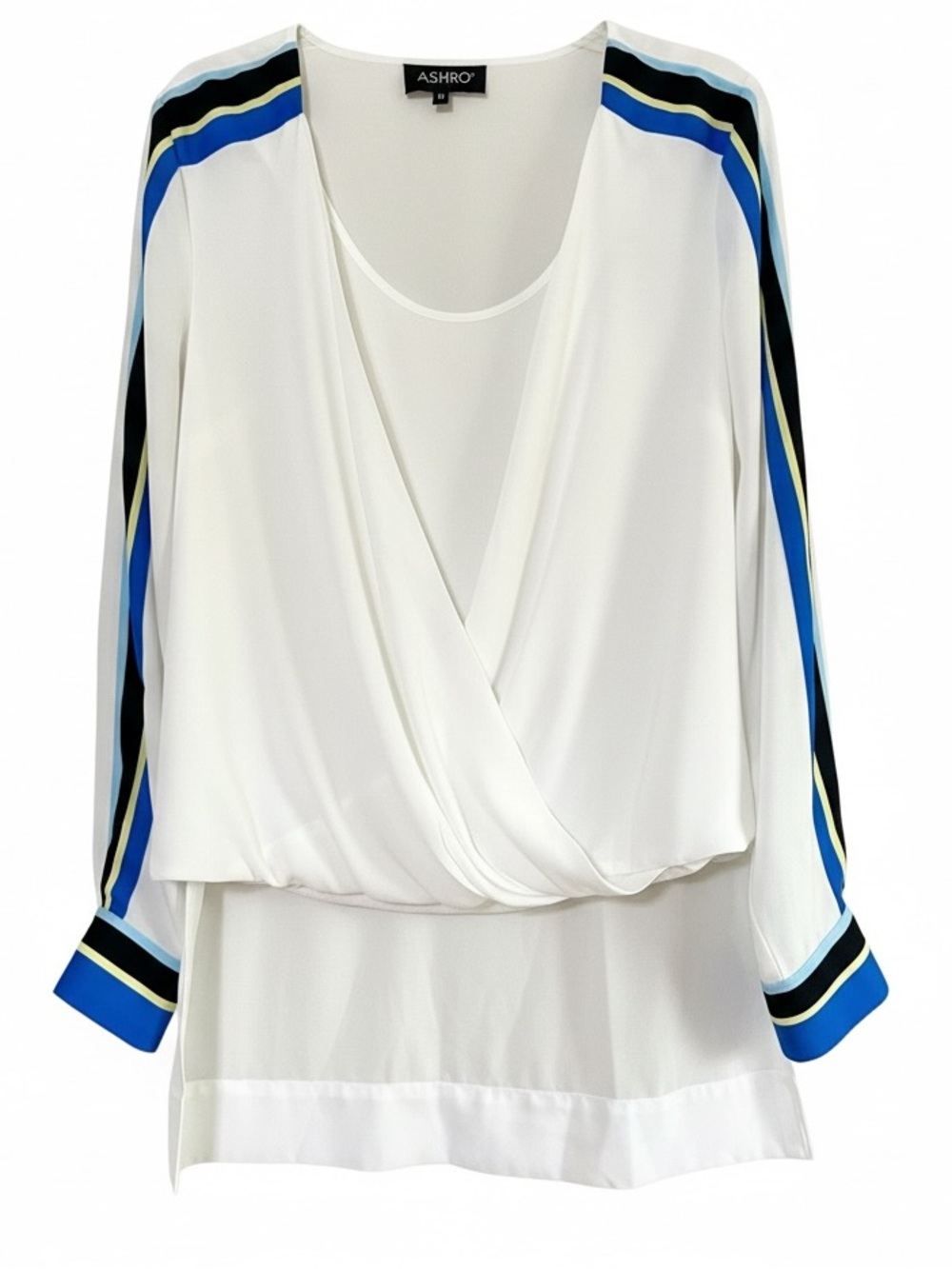 Ashro White High-Low Wrap Blouse Size M Striped Sleeves NWOT